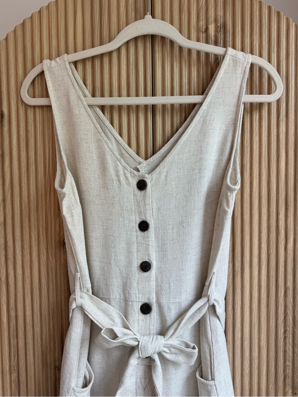 Adibosy Linen-Blend Button Front Romper with Tie-Waist in Natural/Oatmeal - Picture 2 of 6